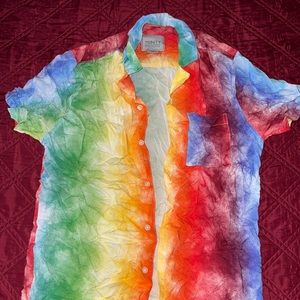 Rainbow button down shirt.